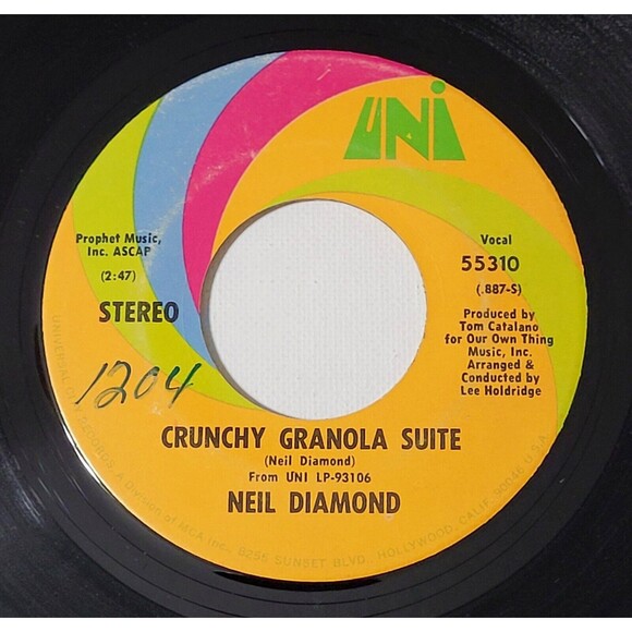Neil Diamond ‎- Stones / Crunchy Granola Suite - UNI 45 RPM Vinyl '71 - Picture 2 of 2